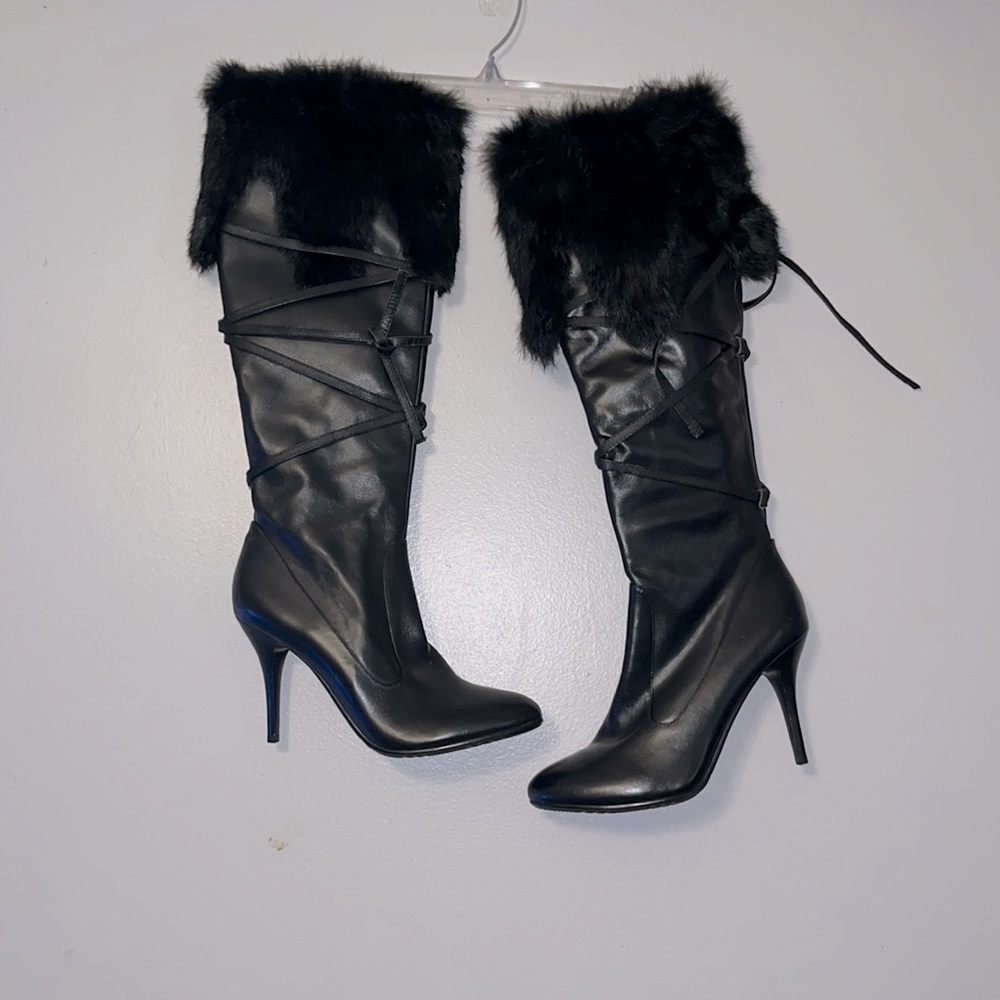 Brielle Black Genuine Rabbit Fur Knee High Stiletto Boots